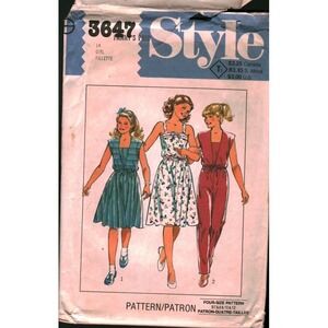 Vintage 1982 Style 3647 Girls Dress Jumpsuit Cover-Up Sewing Pattern Size 14